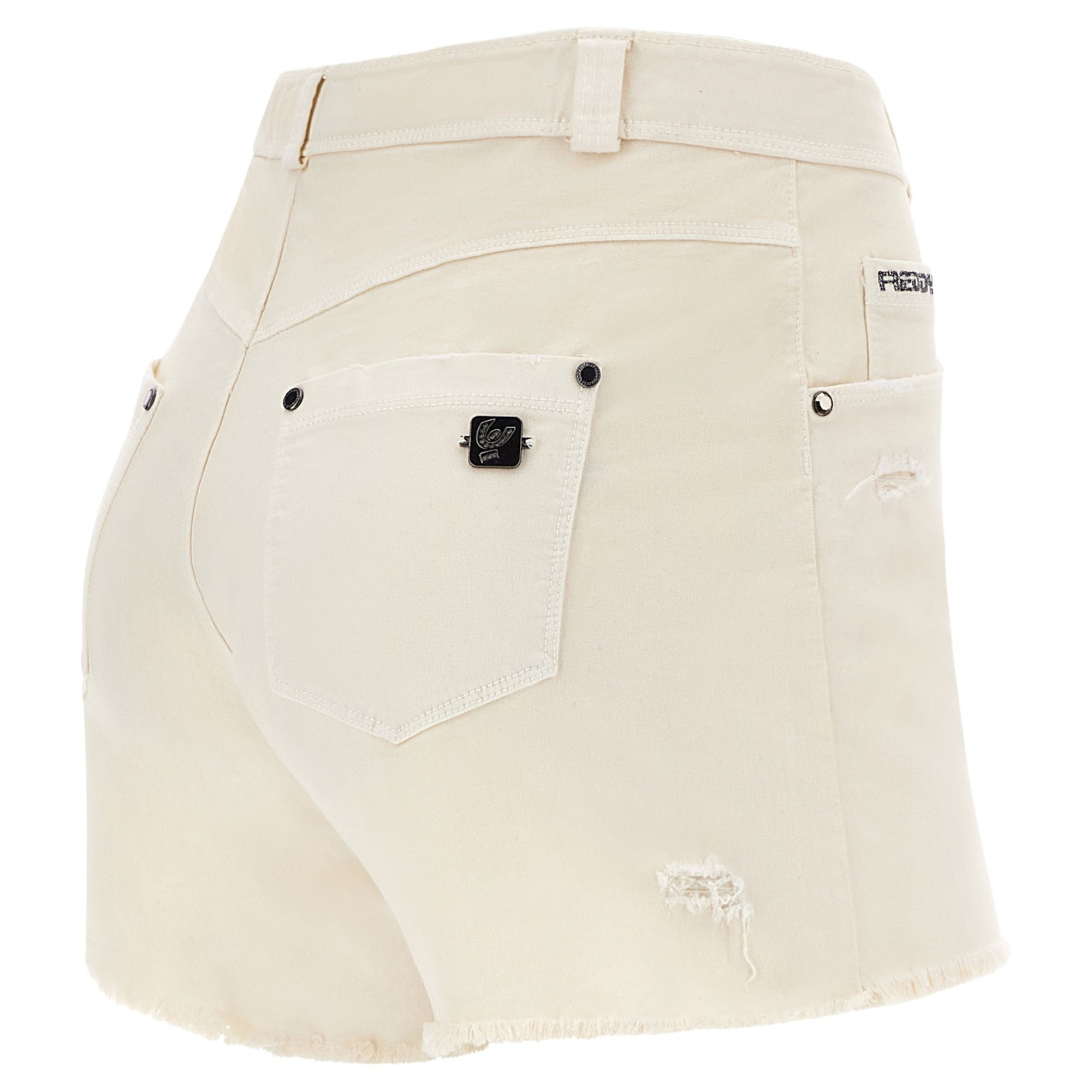 Freddy Damen Fit Jeans - Regular Waist Shorts - Fransen am Saum - Creme - W103 Freddy Damen Fit Jeans - Regular Waist Shorts - Fransen am Saum - Creme - W103
