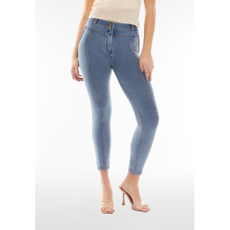 Freddy WR.UP® Damen Push-Up Jeans - 7/8 Regular High Waist Super Skinny - Mit Mittelnaht auf den Beinen - Denim - Gelbe Nähte -