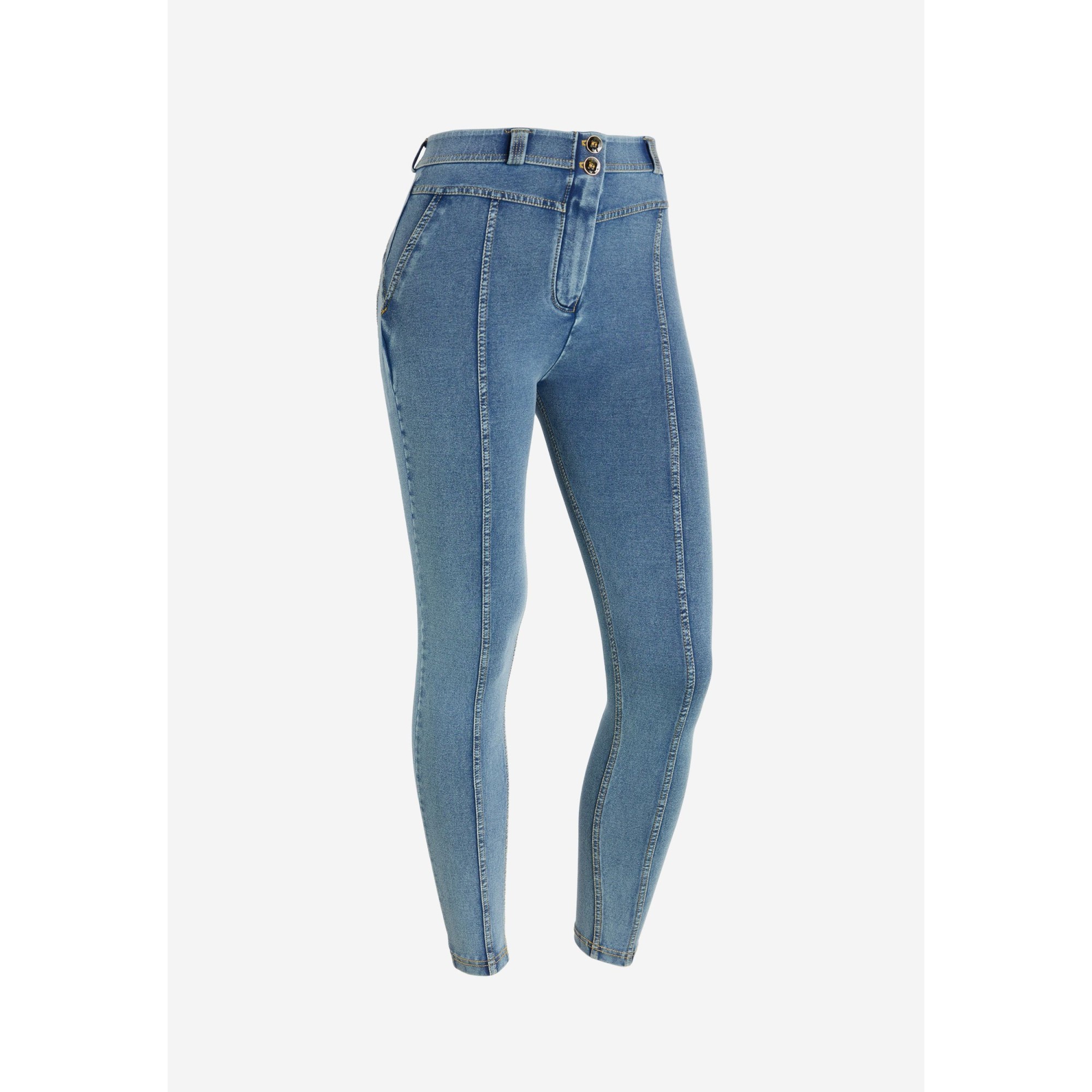 Freddy WR.UP® Damen Push-Up Jeans - 7/8 Regular High Waist Super Skinny - Mit Mittelnaht auf den Beinen - Denim - Gelbe Nähte - Freddy WR.UP® Damen Push-Up Jeans - 7/8 Regular High Waist Super Skinny - Mit Mittelnaht auf den Beinen - Denim - Gelbe Nähte -