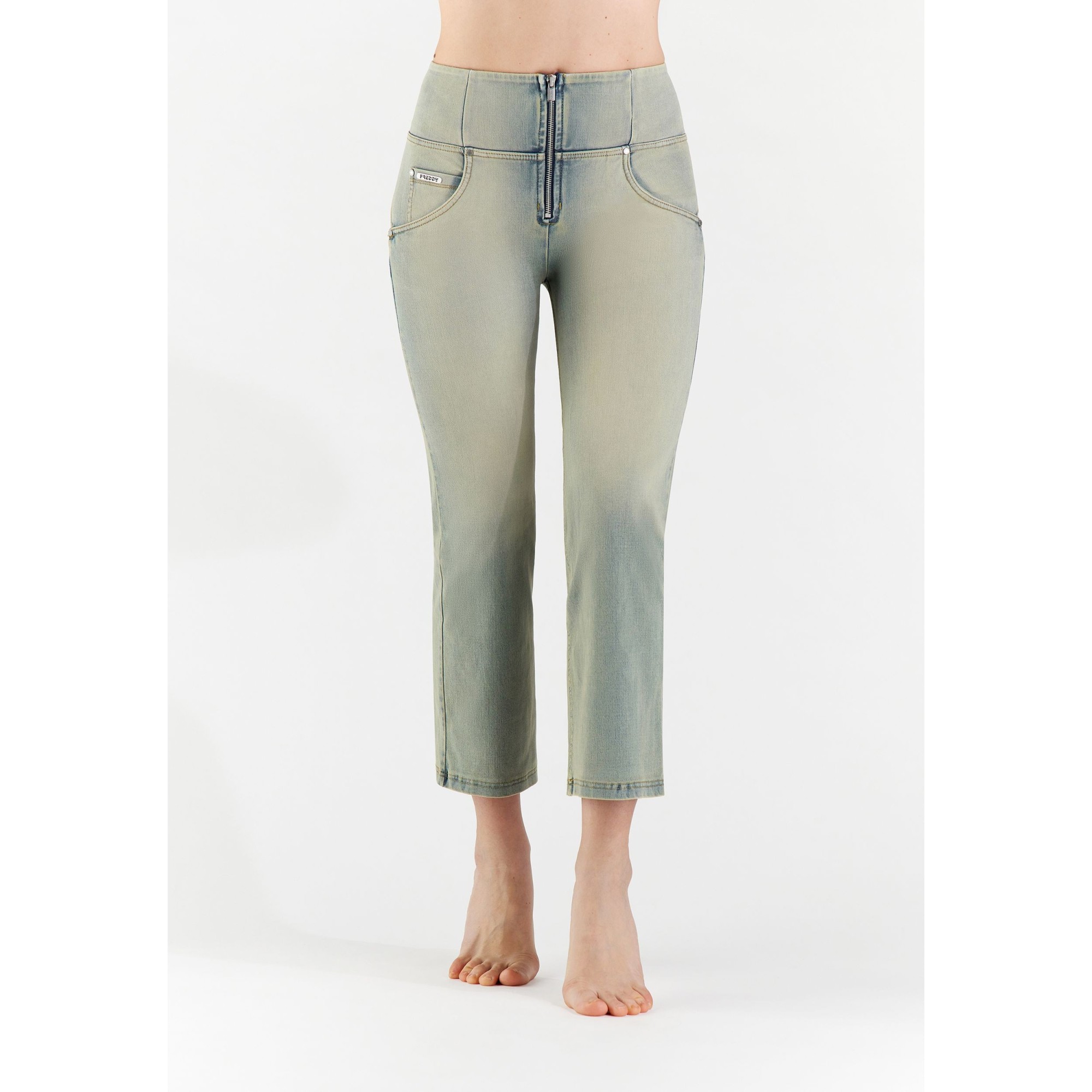 Freddy WR.UP® Snug Denim - High Waist Cropped Wide Leg - Sanded Effect - Light Blue Denim – Yellow Seam - J102Y Freddy WR.UP® Snug Denim - High Waist Cropped Wide Leg - Sanded Effect - Light Blue Denim – Yellow Seam - J102Y