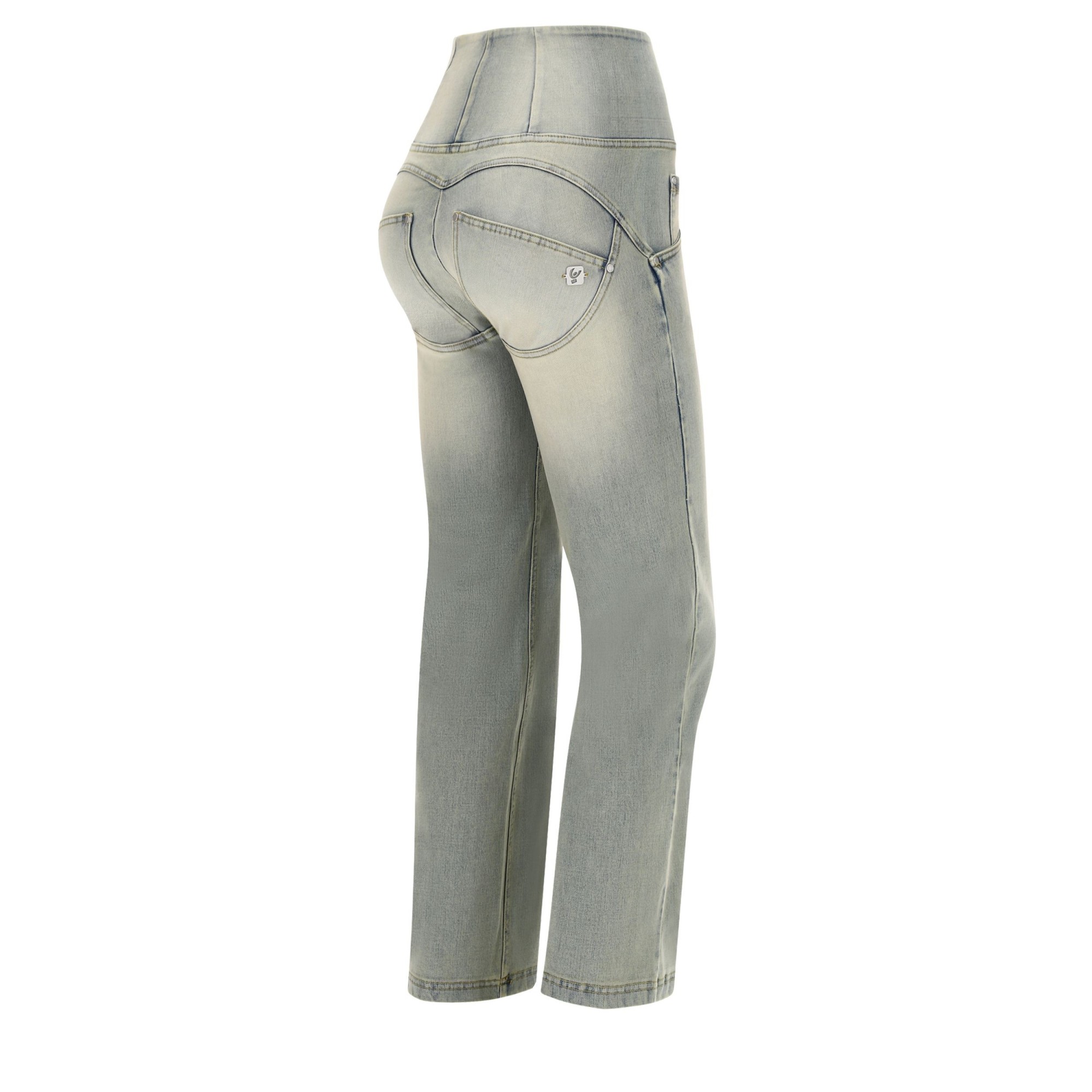 Freddy WR.UP® Snug Denim - High Waist Cropped Wide Leg - Sanded Effect - Light Blue Denim – Yellow Seam - J102Y Freddy WR.UP® Snug Denim - High Waist Cropped Wide Leg - Sanded Effect - Light Blue Denim – Yellow Seam - J102Y