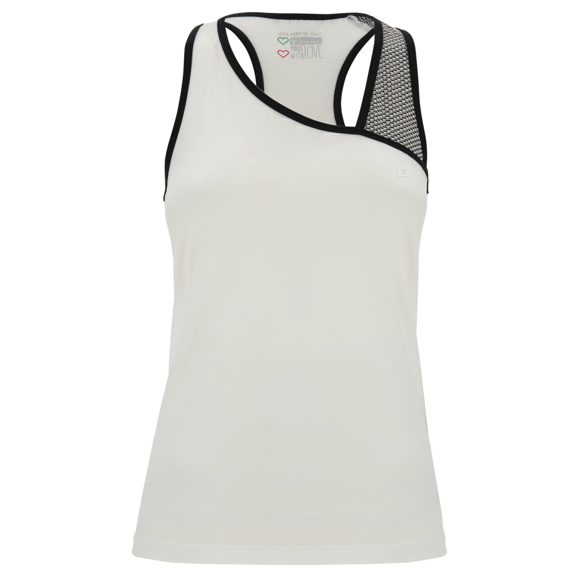 Freddy Ärmelloses Yoga Shirt - Asymmetrische Träger - Made in Italy - White - Black - WN0 Freddy Ärmelloses Yoga Shirt - Asymmetrische Träger - Made in Italy - White - Black - WN0