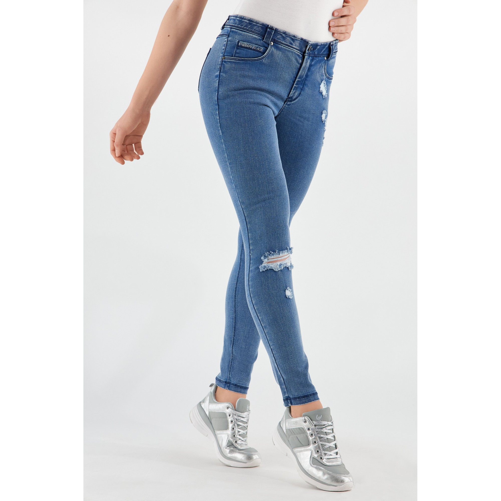 Freddy Fit Jeans - Regular Waist Skinny - Destroyed - Clear Denim - Blue Seam - J4B Freddy Fit Jeans - Regular Waist Skinny - Destroyed - Clear Denim - Blue Seam - J4B