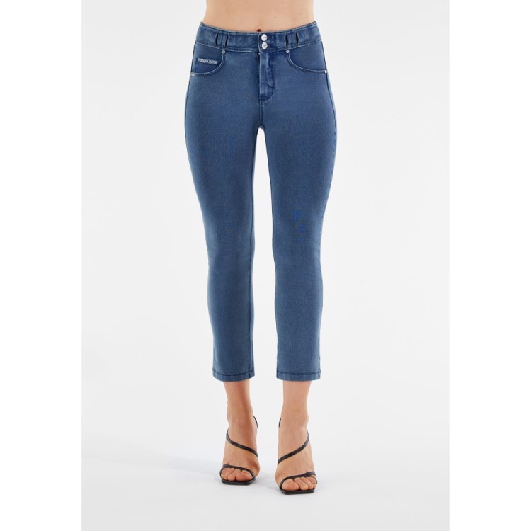 Freddy N.O.W.® Damen Comfort Hose - 7/8 Mid Waist Flare - Eisblau - Blaue Nähte - J111B