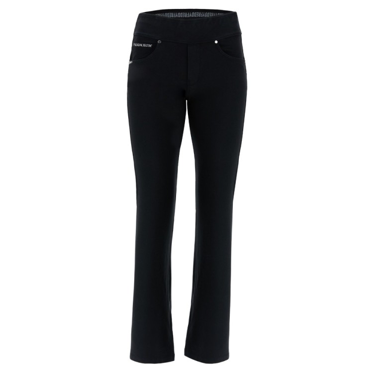Freddy N.O.W.® Yoga Damen Comfort Hose - Mid Waist Straight - umschlagbarer Taillenbund - Garment Dyed - Schwarz - N0