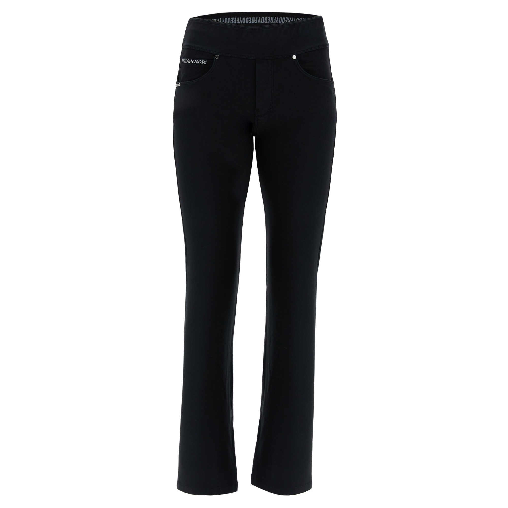 Freddy N.O.W.® Yoga Damen Comfort Hose - Mid Waist Straight - umschlagbarer Taillenbund - Garment Dyed - Schwarz - N0 Freddy N.O.W.® Yoga Damen Comfort Hose - Mid Waist Straight - umschlagbarer Taillenbund - Garment Dyed - Schwarz - N0