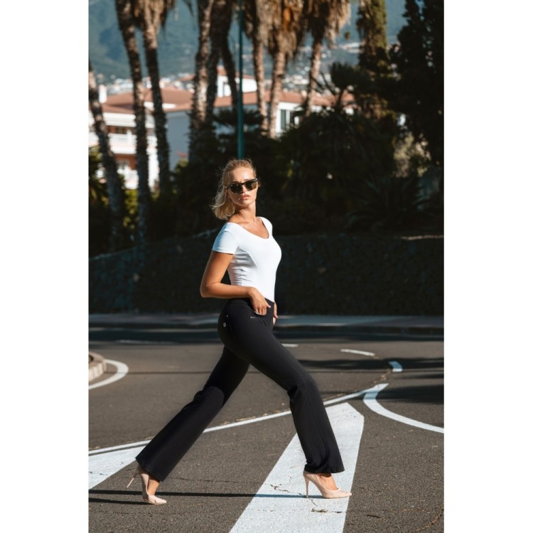 Freddy N.O.W.® Yoga Damen Comfort Hose - Mid Waist Straight - umschlagbarer Taillenbund - Garment Dyed - Schwarz - N0