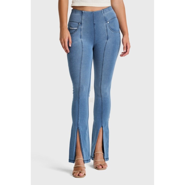 Freddy N.O.W.® Yoga Damen Comfort Jeans - 7/8 High Waist Schlitz am Saum - umschlagbarer Taillenbund - Hellblau - Blaue Nähte -