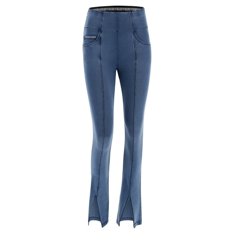 Freddy N.O.W.® Yoga Damen Comfort Jeans - 7/8 High Waist Schlitz am Saum - umschlagbarer Taillenbund - Hellblau - Blaue Nähte -
