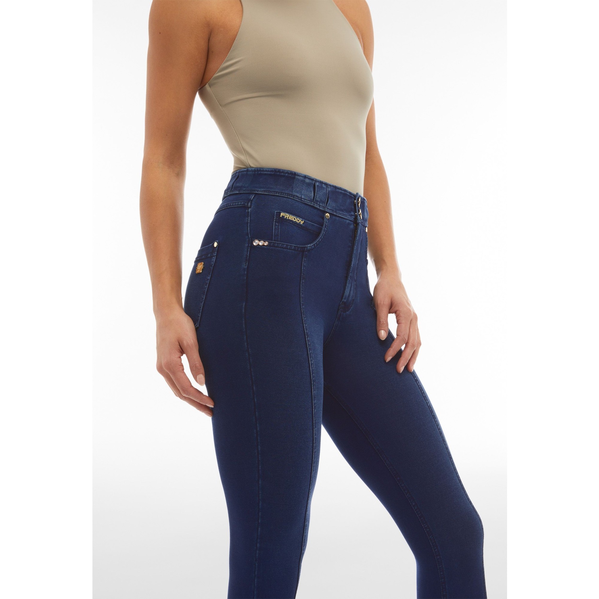 Freddy N.O.W.® Eco Damen Comfort Jeans - 7/8 High Waist Super Skinny - Indigoblau - Blaue Nähte - J0B Freddy N.O.W.® Eco Damen Comfort Jeans - 7/8 High Waist Super Skinny - Indigoblau - Blaue Nähte - J0B