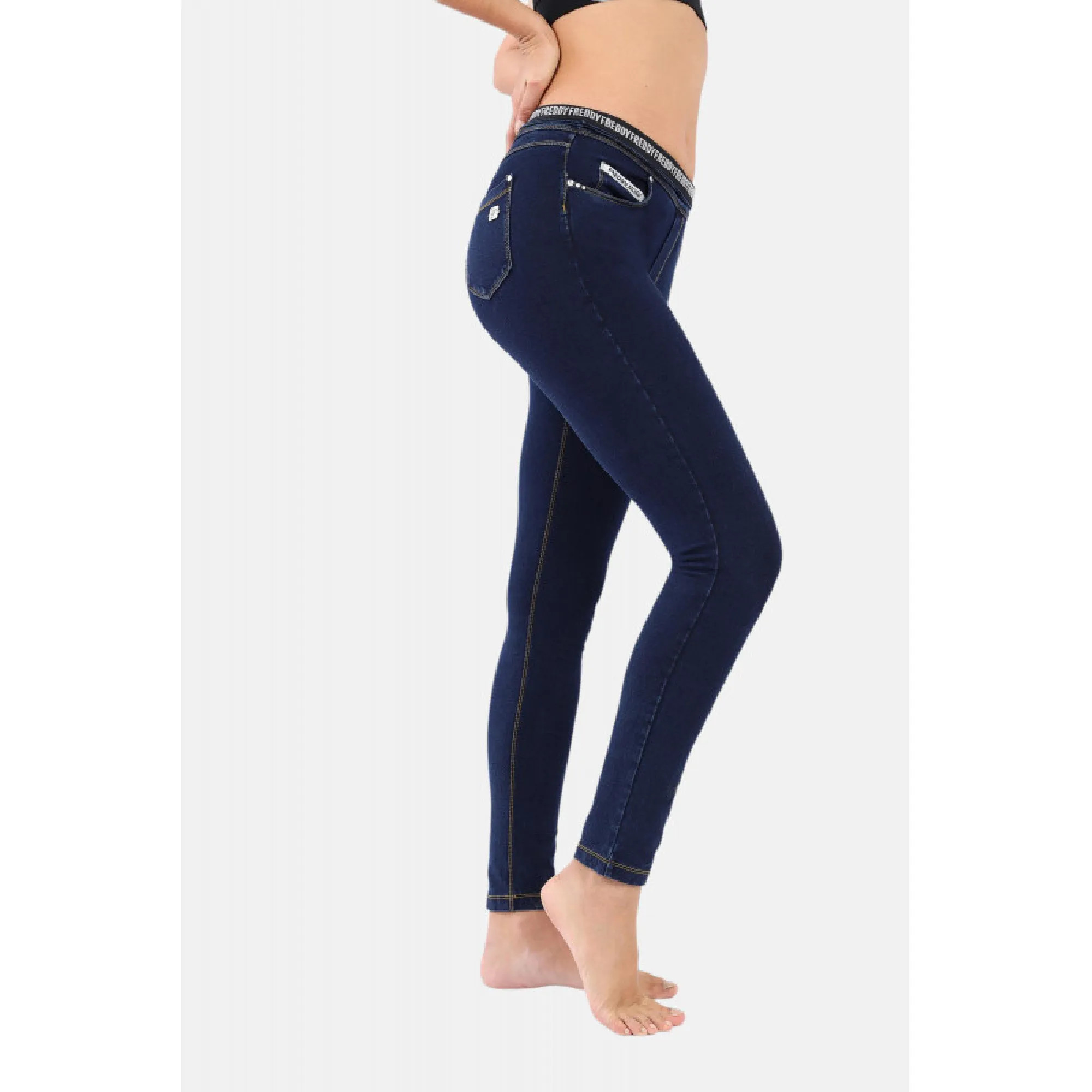 Freddy N.O.W.® Yoga Damen Comfort Jeans - Mid Waist Skinny - Blau - Gelbe Nähte - J0Y Freddy N.O.W.® Yoga Damen Comfort Jeans - Mid Waist Skinny - Blau - Gelbe Nähte - J0Y