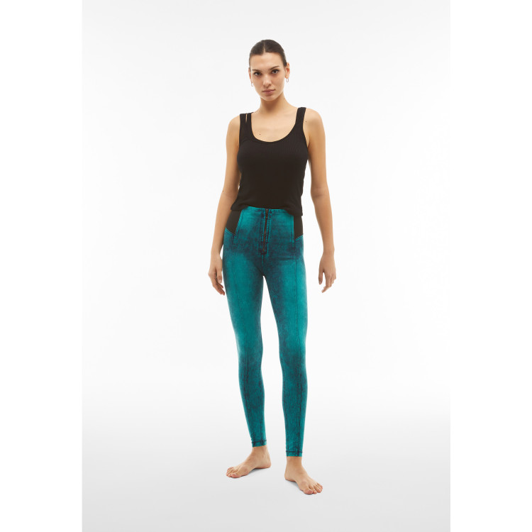 Freddy WR.UP® Damen Push-Up Jeans - Super High Waist Super Skinny - Marmor Effekt - Denim Blaugün - Blaue Nähte - J152B