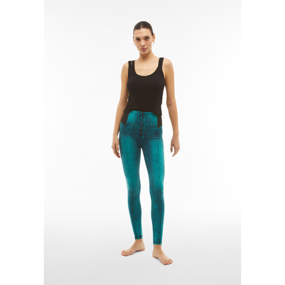 Freddy WR.UP® Damen Push-Up Jeans - Super High Waist Super Skinny - Marmor Effekt - Denim Blaugün - Blaue Nähte - J152B