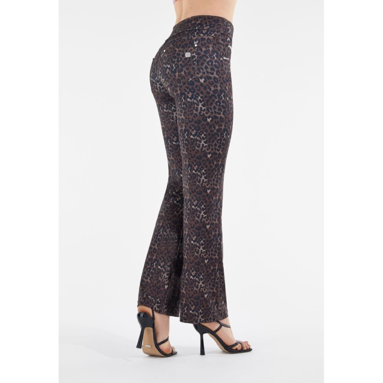 Freddy N.O.W.® Yoga Tech Damen Comfort Hose - Mid Waist Wide Leg - umschlagbarer Taillenbund - Braun - Leoparden-Print - ANI46