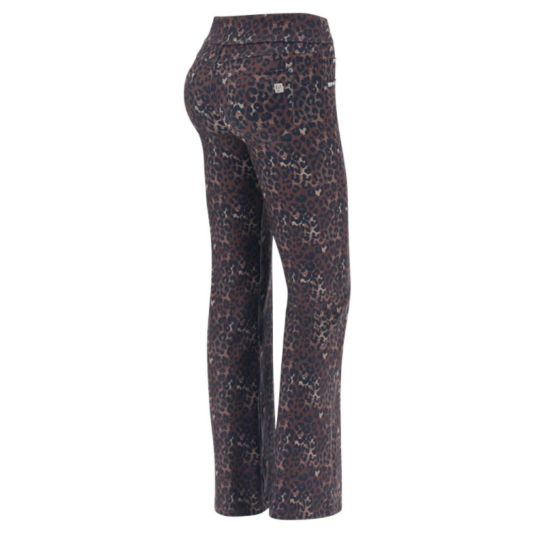 Freddy N.O.W.® Yoga Tech Damen Comfort Hose - Mid Waist Wide Leg - umschlagbarer Taillenbund - Braun - Leoparden-Print - ANI46