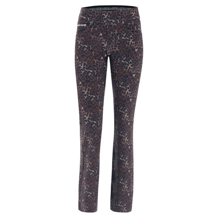 Freddy N.O.W.® Yoga Tech Damen Comfort Hose - Mid Waist Wide Leg - umschlagbarer Taillenbund - Braun - Leoparden-Print - ANI46