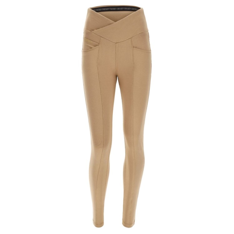 Freddy N.O.W.® Yoga Damen Comfort Hose - High High Waist Super Skinny - überkreutzter Bund - Hellbraun - M35