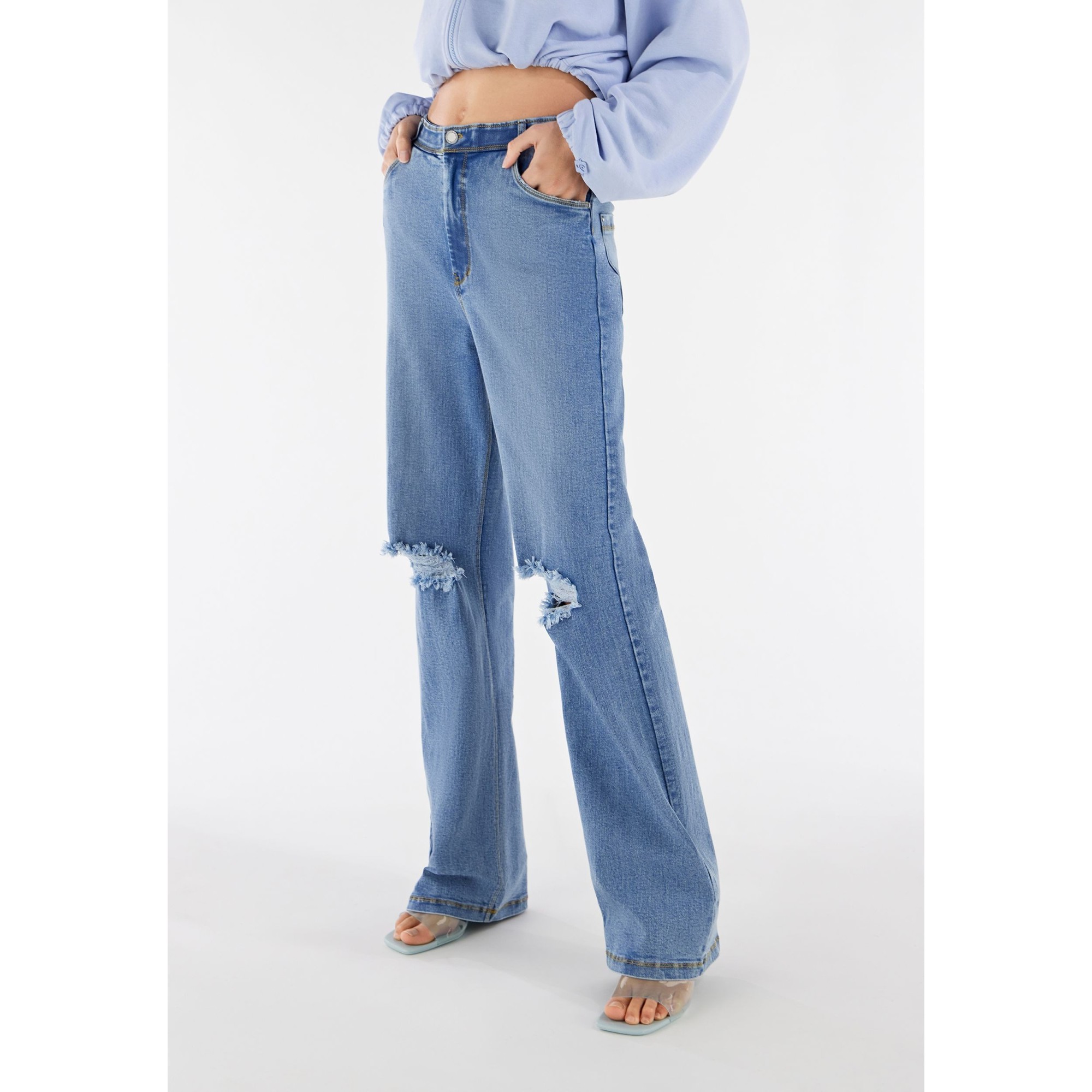 Freddy Damen Fit Jeans - High Waist Wide Leg - Distressed - Blau - Gelbe Nähte - J108Y Freddy Damen Fit Jeans - High Waist Wide Leg - Distressed - Blau - Gelbe Nähte - J108Y