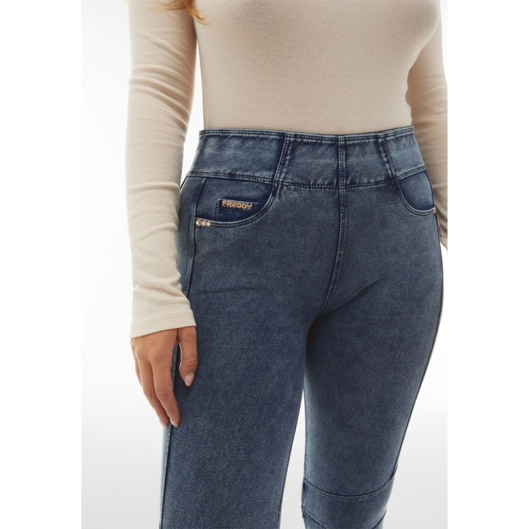 Freddy N.O.W.® Yoga Damen Comfort Jeans - 7/8 Mid Waist Skinny - Blau - Blaue Nähte - J109B
