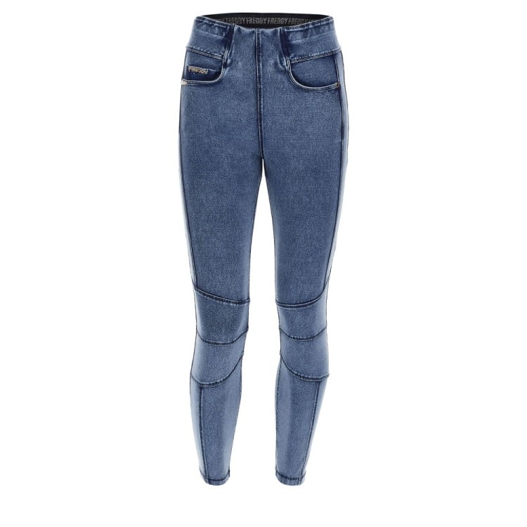 Freddy N.O.W.® Yoga Damen Comfort Jeans - 7/8 Mid Waist Skinny - Blau - Blaue Nähte - J109B