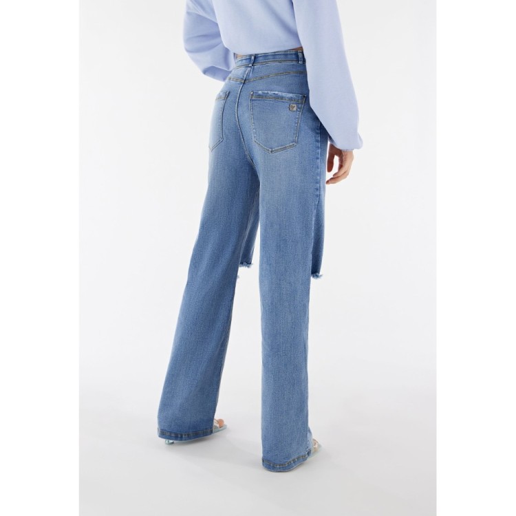 Freddy Damen Fit Jeans - High Waist Wide Leg - Distressed - Blau - Gelbe Nähte - J108Y