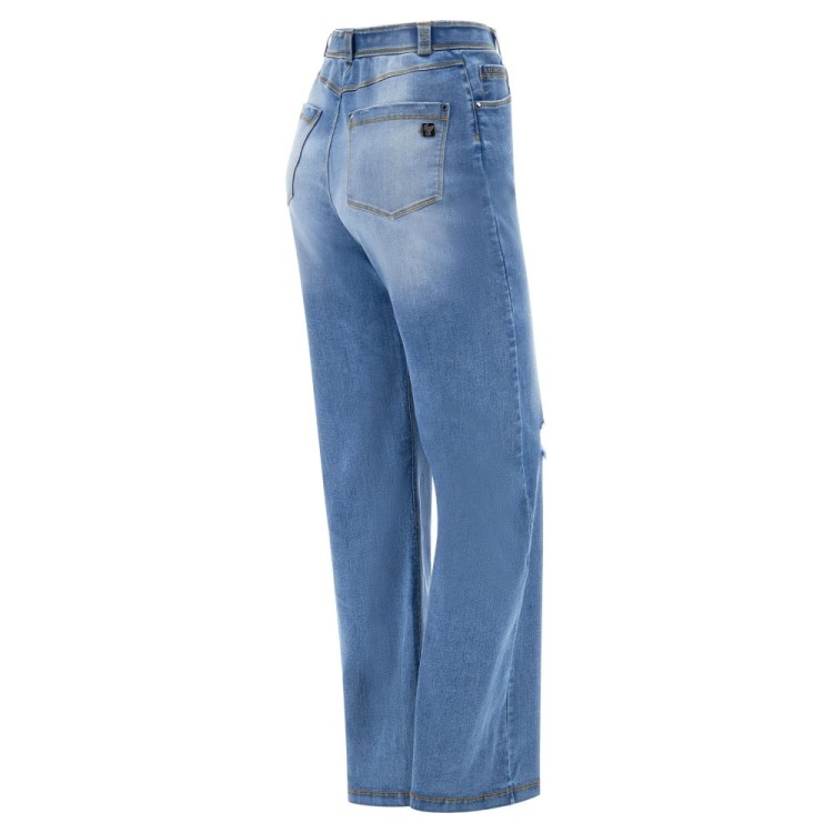 Freddy Damen Fit Jeans - High Waist Wide Leg - Distressed - Blau - Gelbe Nähte - J108Y