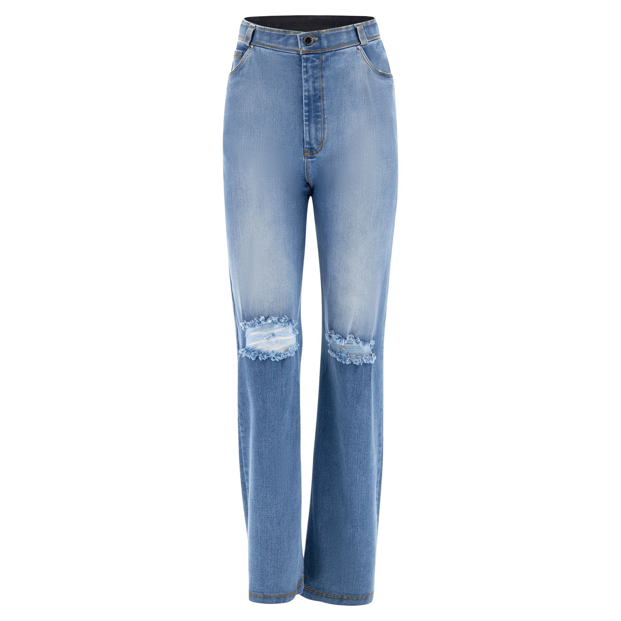 Freddy Damen Fit Jeans - High Waist Wide Leg - Distressed - Blau - Gelbe Nähte - J108Y Freddy Damen Fit Jeans - High Waist Wide Leg - Distressed - Blau - Gelbe Nähte - J108Y