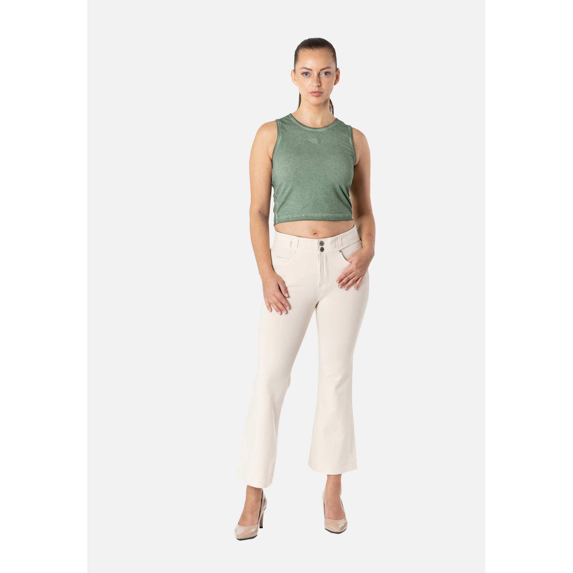 Freddy N.O.W.® Damen Comfort Hose - 7/8 Mid Waist Flare - Garment Dyed - Beige - Z115 Freddy N.O.W.® Damen Comfort Hose - 7/8 Mid Waist Flare - Garment Dyed - Beige - Z115