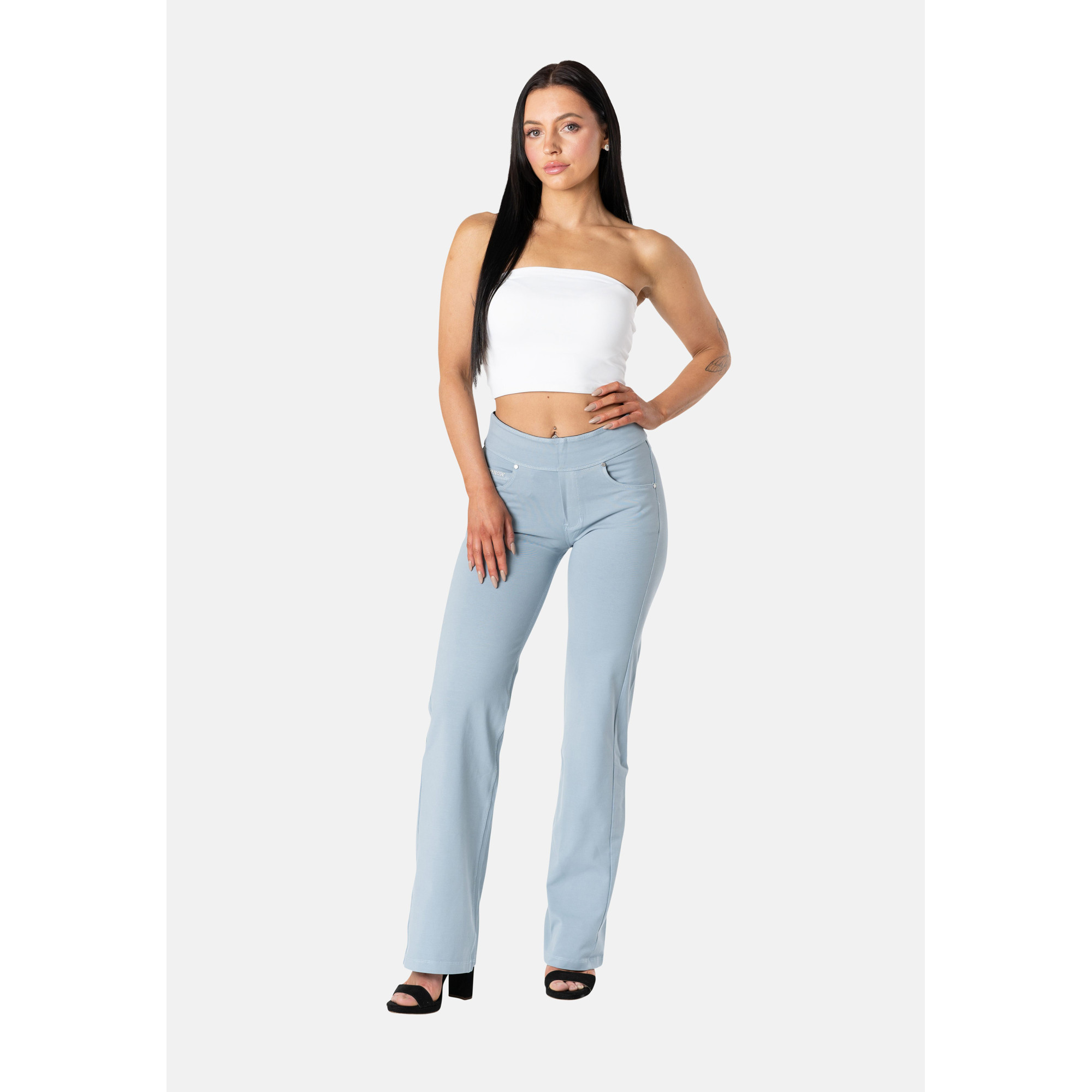 Freddy N.O.W.® Yoga Damen Comfort Hose - Mid Waist Straight - umschlagbarer Taillenbund - Garment Dyed - Grau-Blau - C54 Freddy N.O.W.® Yoga Damen Comfort Hose - Mid Waist Straight - umschlagbarer Taillenbund - Garment Dyed - Grau-Blau - C54
