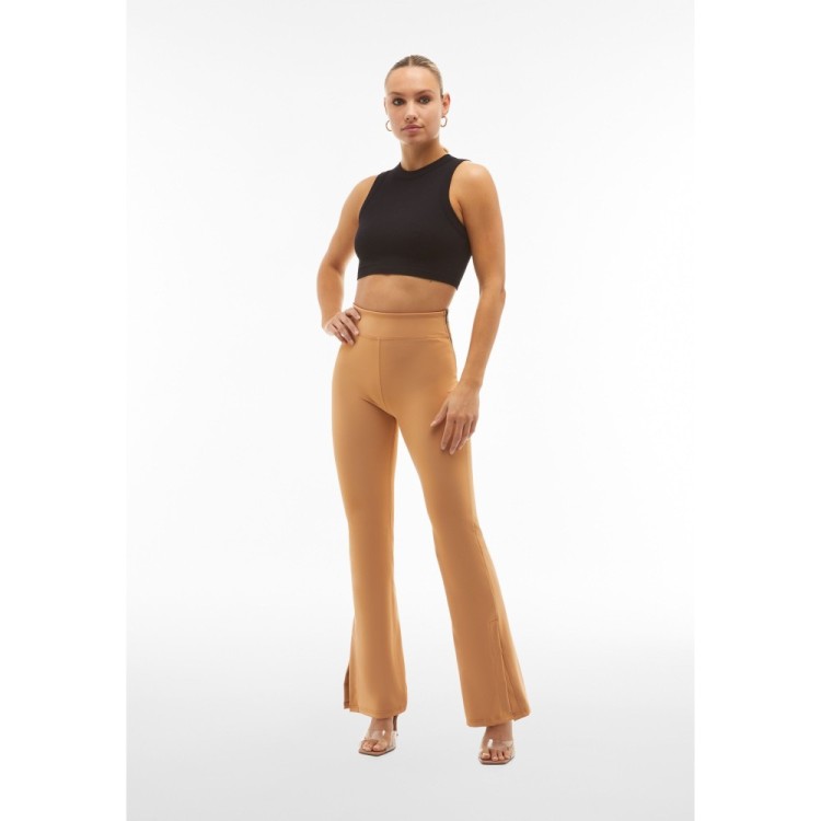 Freddy WR.UP® Vegan Leather Damen Push-Up Lederhose - Super High Waist Flare - Wet Effect - Hellbraun - M44