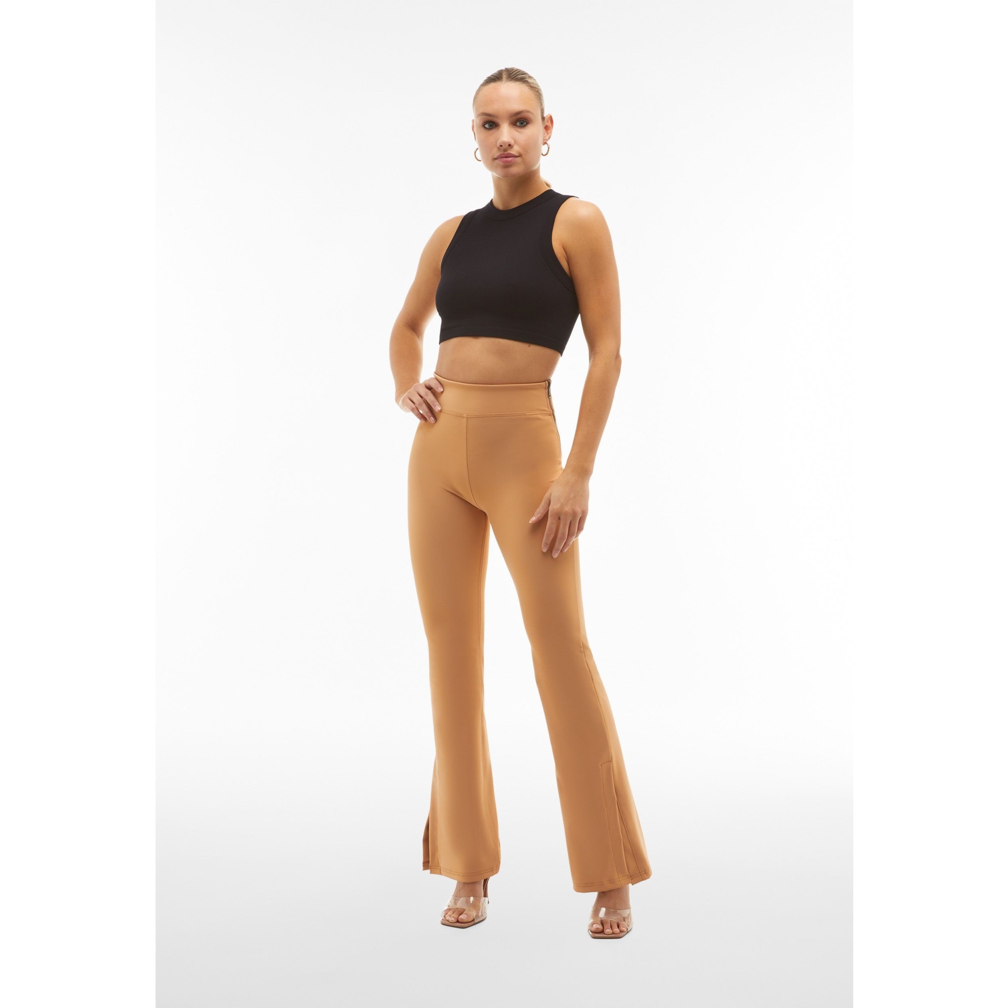Freddy WR.UP® Vegan Leather Damen Push-Up Lederhose - Super High Waist Flare - Wet Effect - Hellbraun - M44 Freddy WR.UP® Vegan Leather Damen Push-Up Lederhose - Super High Waist Flare - Wet Effect - Hellbraun - M44