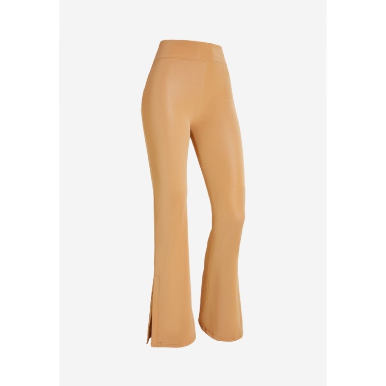 Freddy WR.UP® Vegan Leather Damen Push-Up Lederhose - Super High Waist Flare - Wet Effect - Hellbraun - M44